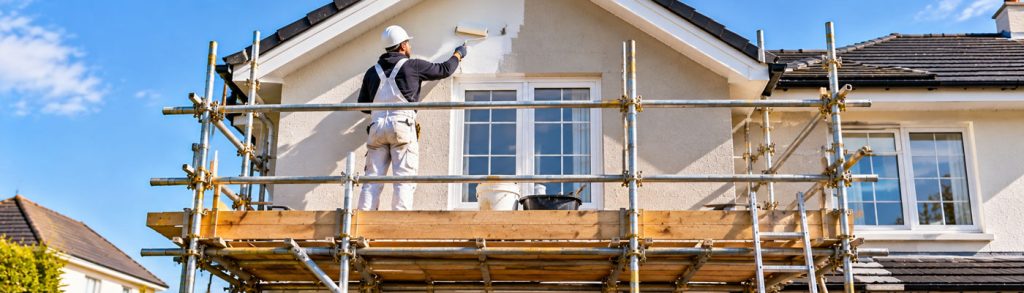 Painting and Decorating preparation on a London home, with a decorator inspecting exterior walls beside scaffolding, as surfaces are repaired and prepared for a fresh coat of exterior paint