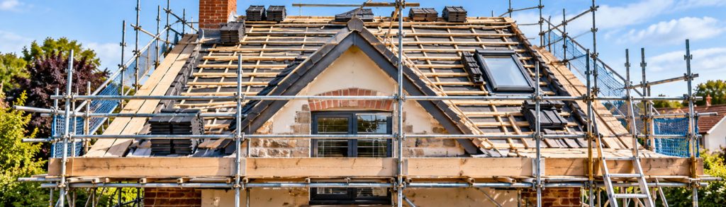 Roof scaffolding protecting a London home during renovation, providing safe access for roof repairs, maintenance and building work.