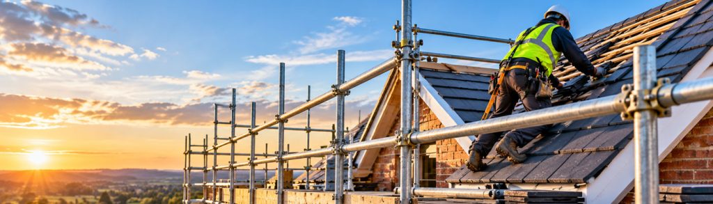 Roof scaffolding surrounds a residential property, providing a secure working platform, guard rails and ladder access for tradespeople carrying out roof repairs and maintenance tasks safely.