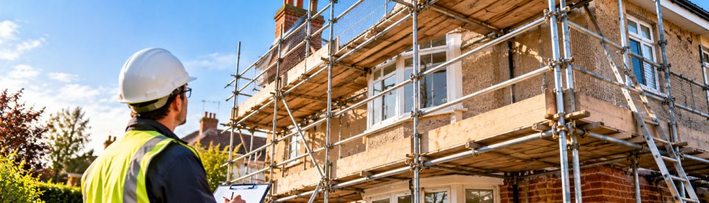 Scaffolding hire for a residential property with a trained site supervisor inspecting a professionally erected scaffold before roofing or renovation work, ensuring safe access and compliance.