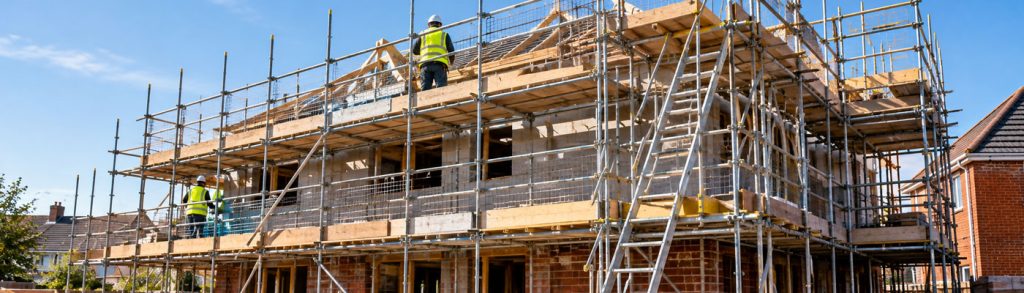 Scaffolding safety with a secure platform, guardrails and a worker carrying out building work at height.